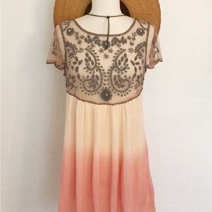 Gorgeous Rare Free People Beige and Pink Embroidered Blouse Medium